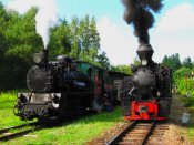 Setkání historických parních vlaků v Senotíně: vlevo původem polská lokomotiva U 46.101, vpravo tzv. Rešice, rumunský stroj U 46.001. Autor: Lukáš Petrák.